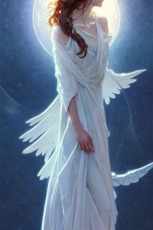 Image similar to Angels in white gauze dresses, the glow of the moonlight, fantasy, intricate, elegant, highly detailed, digital painting, artstation, concept art, matte, sharp focus, illustration, art by Artgerm and Greg Rutkowski and Alphonse Mucha