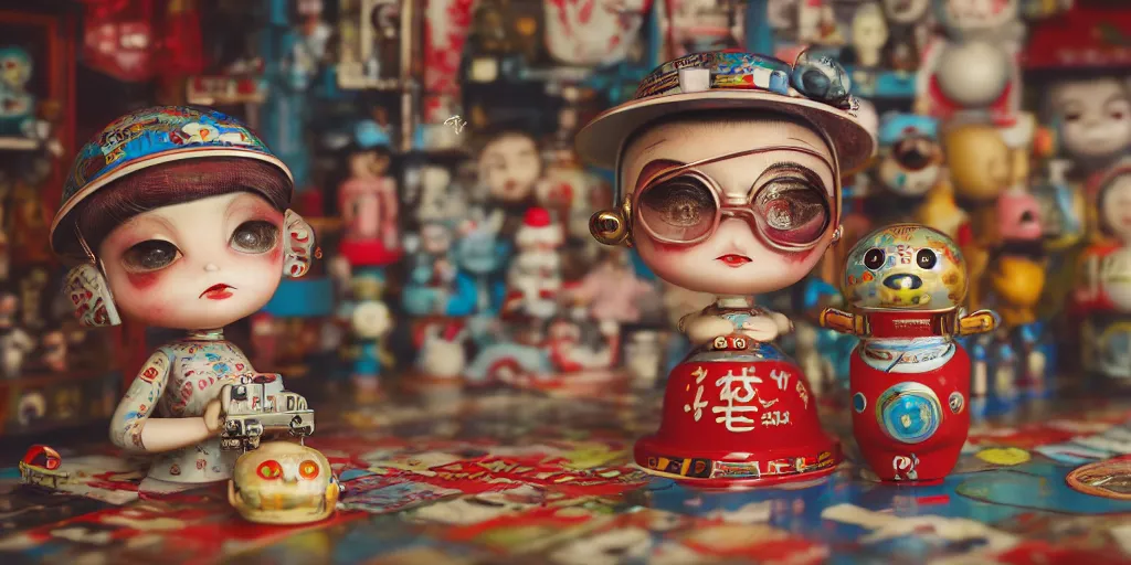 Image similar to closeup portrait of tin toy retro tokyo corner store, depth of field, zeiss lens, detailed, centered, photoshoot, by nicoletta ceccoli, mark ryden, lostfish, breathtaking, 8 k resolution, extremely detailed, beautiful, establishing shot, artistic, hyperrealistic, octane render, - h 8 0 4