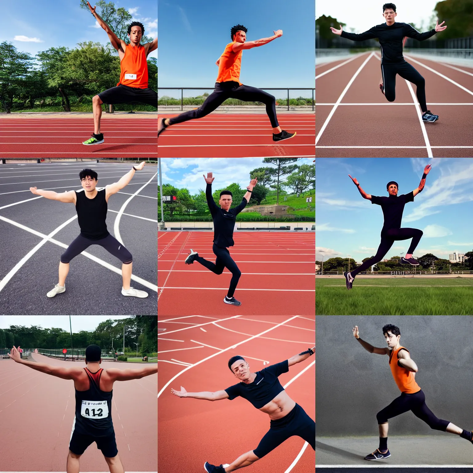 Prompt: photo of a man doing the Naruto Run pose by leaning forward with his arms outstretched behind his back at a running track