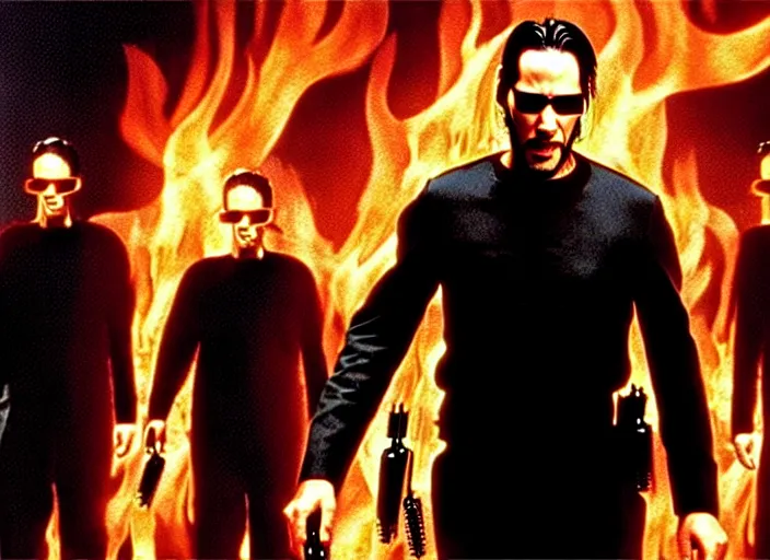 Image similar to Movie still of Keanu Reeves as Neo in The Matrix movie doing a thumb up to the camera in front on burning servers, servers in flames in the background, doing a thumb up, The Matrix servers on fire, uncropped, full body, crispy, symmetrical face, ultra detailed, cinematic, thumb up, double thumb up to the camera