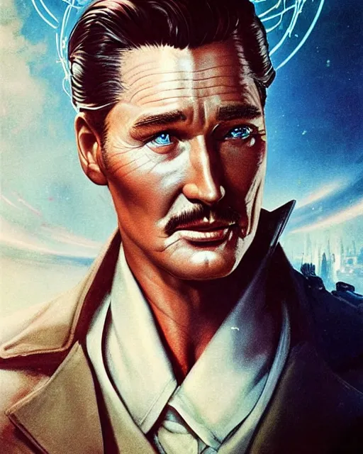 Image similar to Errol Flynn as a scientist. 1980s dystopian Soviet Russia, propaganda screens. Unreal engine, fantasy art by Greg Rutkowski and Loish. Faithfully depicted facial expression, perfect anatomy global illumination, radiant light, detailed and intricate environment