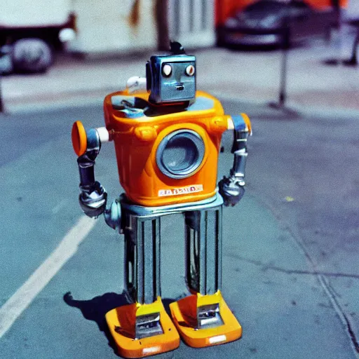 Prompt: vintage film photo of a robot, taken leica m 5 with kodak ektachrome, photo realism, film photography 3 5 mm, highly detailed - 7 6 8