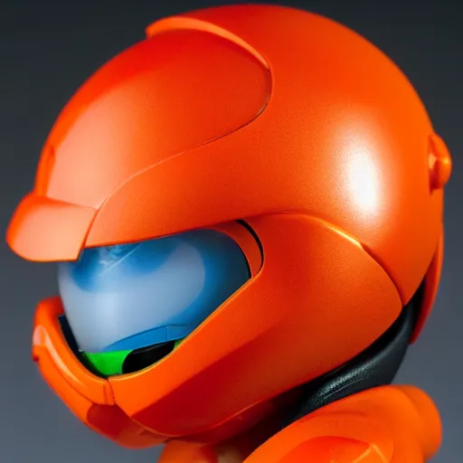 Image similar to helmet portrait of a figurine of samus aran's varia suit from the sci - fi nintendo videogame metroid. glossy. red round helmet, orange shoulder pads, green visor. shallow depth of field. suit of armor.