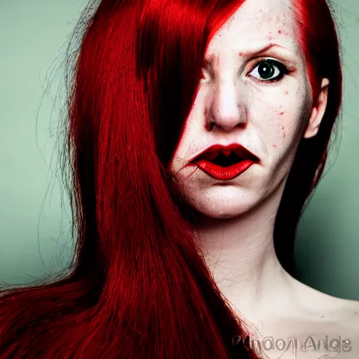 Image similar to a color photo portrait of a slender woman with red hair and a severe expression, sharp and narrow and crooked nose in the style of richard avedon, 7 5 mm lens, studio lighting.