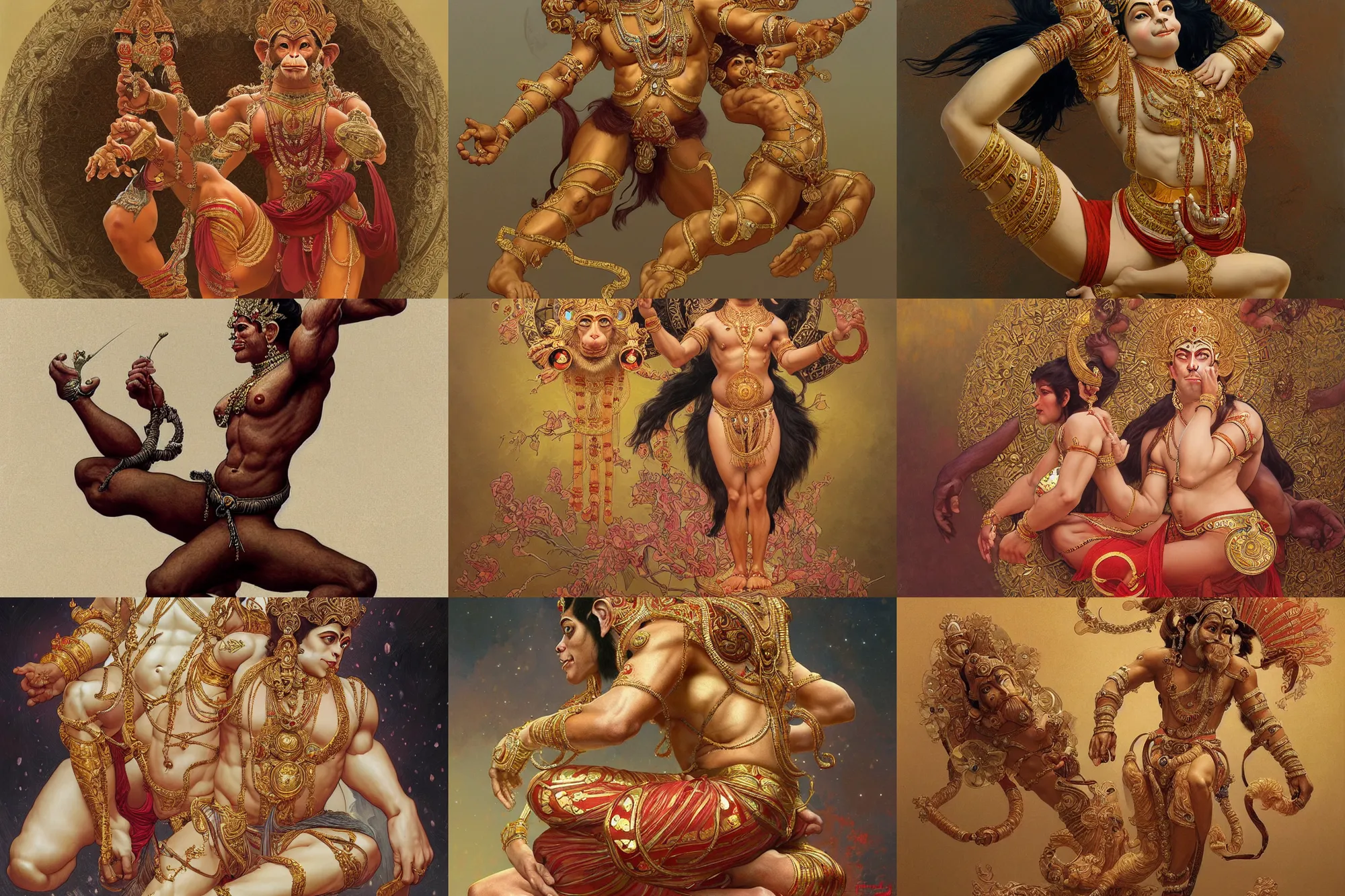 Image similar to a full body portrait of a beautiful ornated hanuman god, doing a side split!!!!!, intricate, elegant, highly detailed, digital painting, artstation, concept art, smooth, sharp focus, digital illustration, art by krenz cushart and artem demura and alphonse mucha