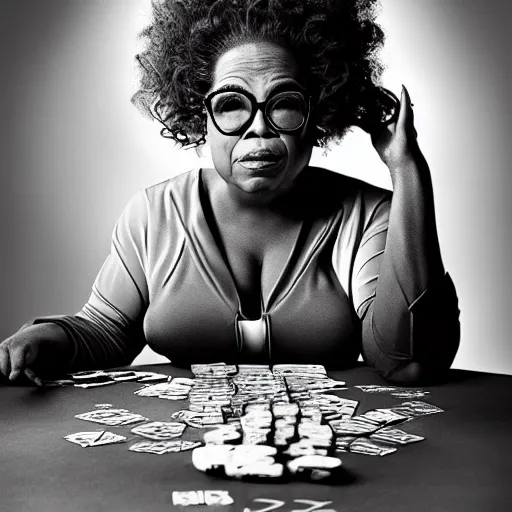 Prompt: a portrait of a oprah playing poker, by lee jeffries