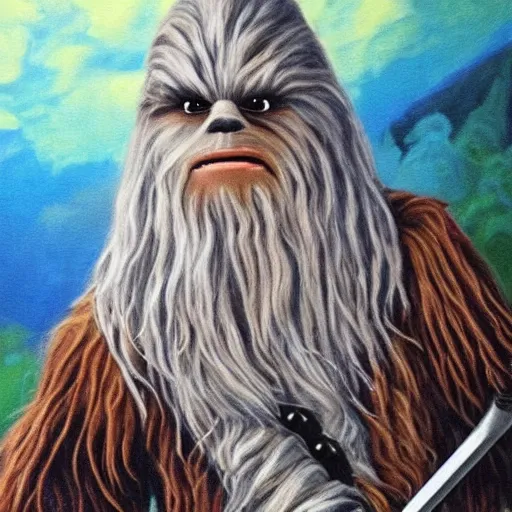 Image similar to chewbacca as gandalf, painting,