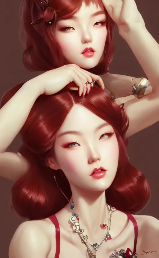 Image similar to a pin up and beautiful fashion charming dreamlke korea girl with lv jewelry, character art, art by artgerm lau and kyoung hwan kim and and ilya kuvshinov and john singer sargent, hyperdetailed, 8 k realistic, symmetrical, frostbite 3 engine, cryengine, dof, trending on artstation, digital art