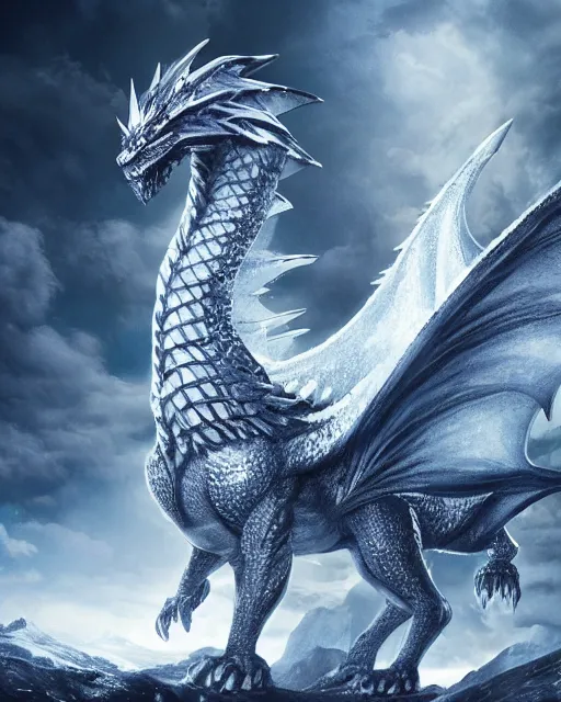 Image similar to giant ice dragon standing on a mountain, highly detailed, 4 k, hdr, award - winning, directed by zack snyder, trending on art station, matte