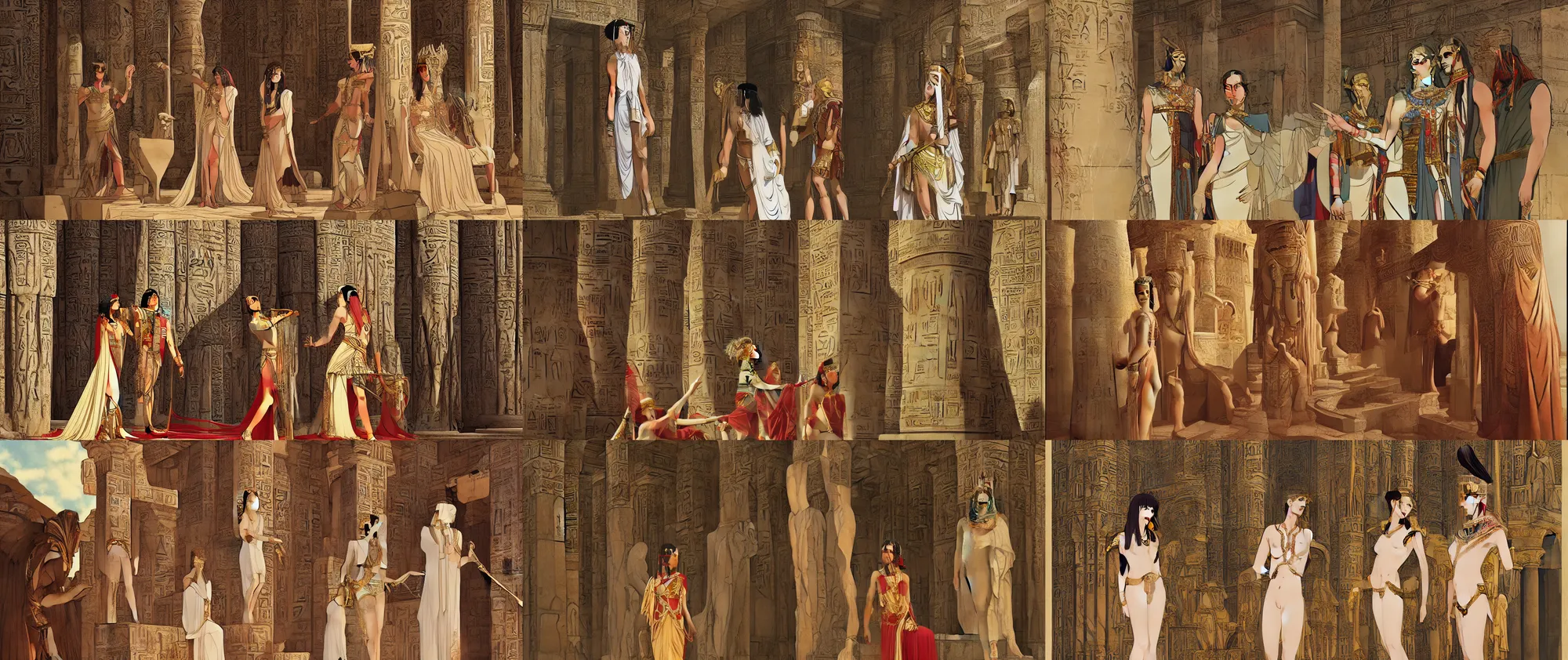 Image similar to Cleopatra meets Julius Caesar in glorious Egyptian temple, symmetrical face, beautiful eyes, fine art, art nouveau masterpiece, art deco, semi realistic anime, museum quality work, cel shaded, art style of John Collier, Moebius, Studio Ghibli, hyperrealistic, detailed, cinematic, widescreen, 4K