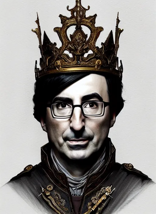 Image similar to portrait john oliver as stoic king, royalty, extravagant, full body, military uniform, fantasy, intricate, elegant, beautiful, highly detailed, charcoal, centered, dark, smokey, digital painting, artstation, concept art, art by artgerm and greg rutkowski and alphonse mucha