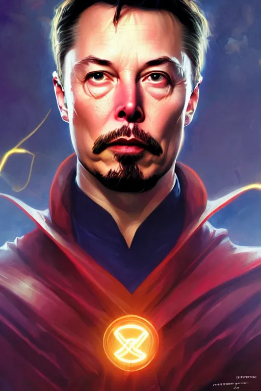 Image similar to elon musk as dr strange, realistic portrait, symmetrical, highly detailed, digital painting, artstation, concept art, smooth, sharp focus, illustration, cinematic lighting, art by artgerm and greg rutkowski and alphonse mucha