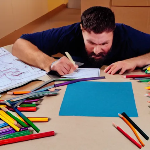 Image similar to exhausted man surrounded by colored pencils and papers