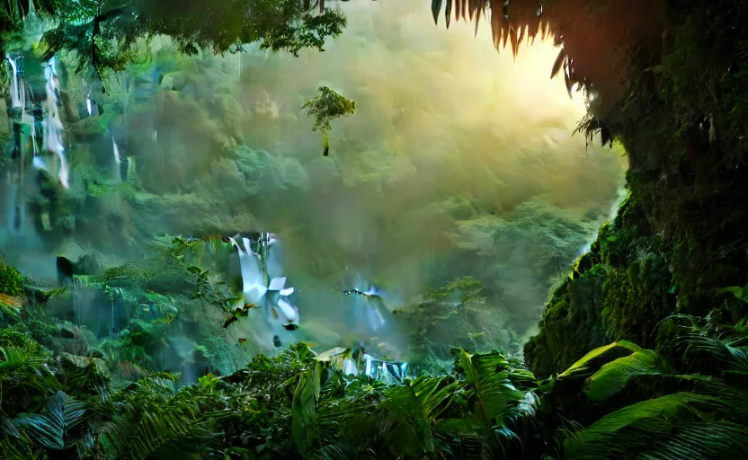 Prompt: a beautiful render of a dark prehistoric rainforest, lush flora, patches of sky, sunset, flying mountains and a waterfall in the background, intricate detail, hazy, humid, volumetric lighting, 8 k, photorealistic, raytracing effects, unreal engine 5