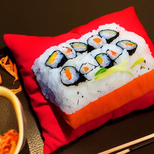 Prompt: a sushi pillow, product photography, highly detailed, epic lighting, hyper photorealism, 8 k