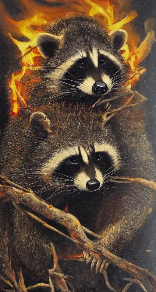 Image similar to bosch oil painting of a fire god raccoon, apocalyptic