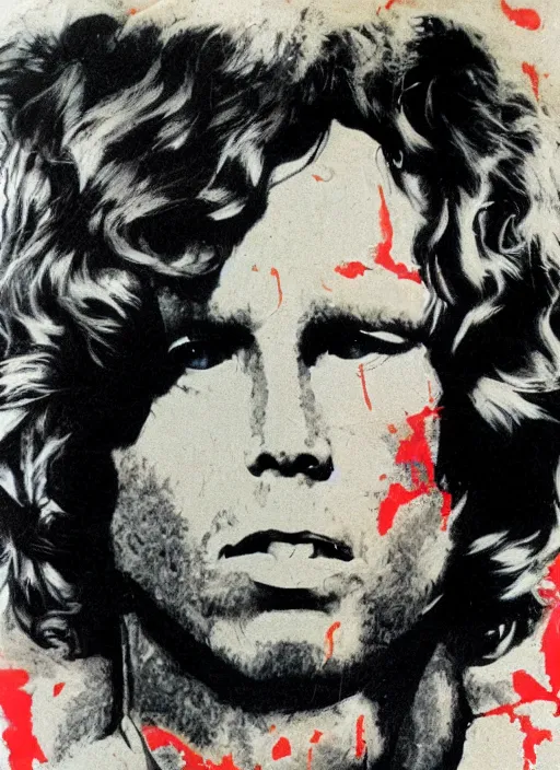 Prompt: Jim Morrison, The Doors, 1970's, Detailed, Mixed Media, Cream paper, black, red, cyan