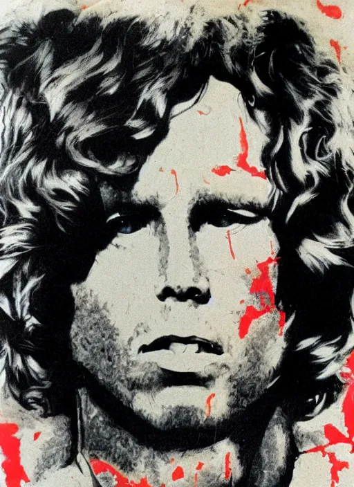 Image similar to Jim Morrison, The Doors, 1970's, Detailed, Mixed Media, Cream paper, black, red, cyan