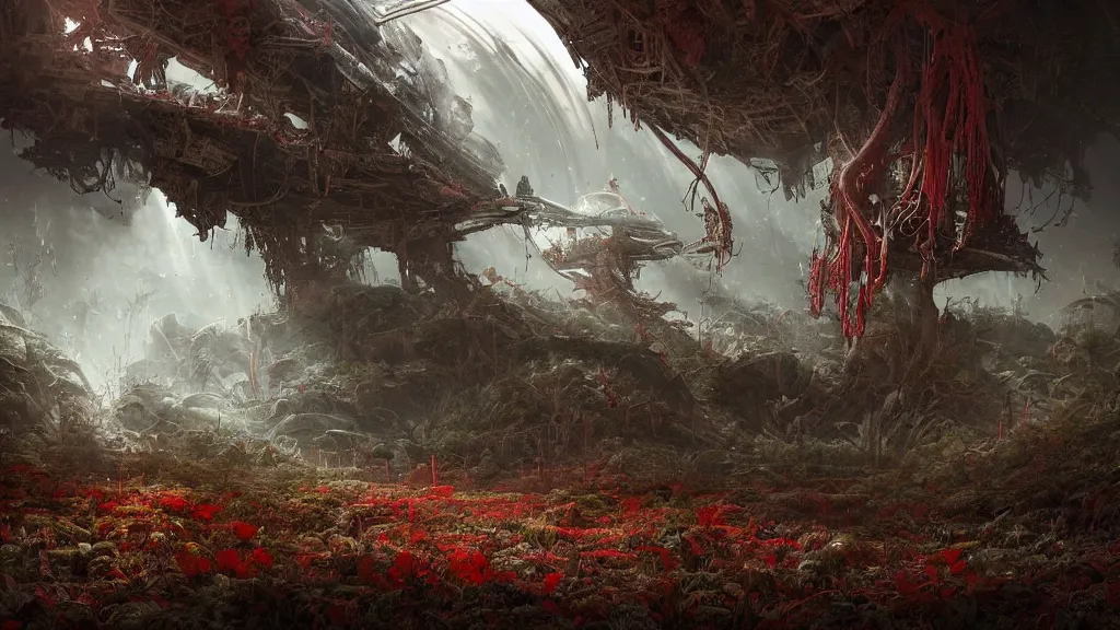 Prompt: dramatic Photorealistic dramatic Matte painting,Looking through deep inside an Alien planets dense red forest,a gigantic crashed derelict spaceship where a lone astronaut in a white spacesuit with lights is exploring outside,hundreds of tall gigantic monster carnivorous Red Venus Flytrap plants and glowing bulbs,translucent wet and slimy plant life by Greg Rutkowski,Craig Mullins,Fenghua Zhong,a misty haze,Beautiful dramatic moody nighttime lighting,Cinematic Atmosphere, Volumetric Lighting,Terragen,Octane Render,8k