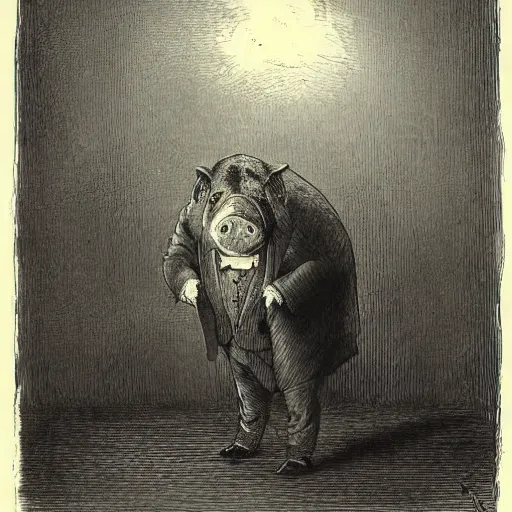 Image similar to a pig in a tuxedo, creepy atmosphere, outside, clouds, dark, portrait, realistic, very realistic, illustration by Gustave Doré