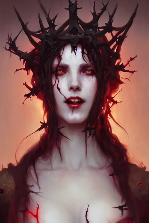 Image similar to Portrait of beautiful pale laughing succubus maiden with crown of thorns and glowing red eyes, steampunc, digital art from artstation by Ruan Jia and Mandy Jurgens and Artgerm and william-adolphe bouguereau