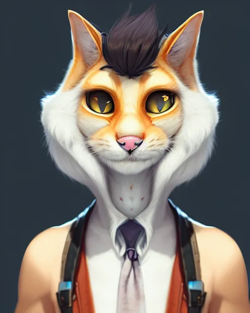 Image similar to character concept art of a male anthropomorphic furry cat | | cute - fine - face, pretty face, key visual, realistic shaded perfect face, fine details by stanley artgerm lau, wlop, rossdraws, james jean, andrei riabovitchev, marc simonetti, and sakimichan, trending on artstation