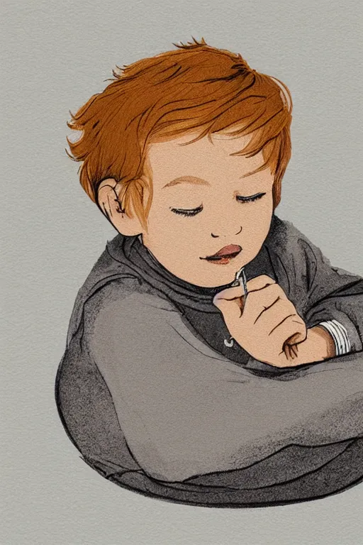 Prompt: a little boy with ginger hair curled up asleep in a cozy room. clean elegant simple illustration, beautiful detailed face.