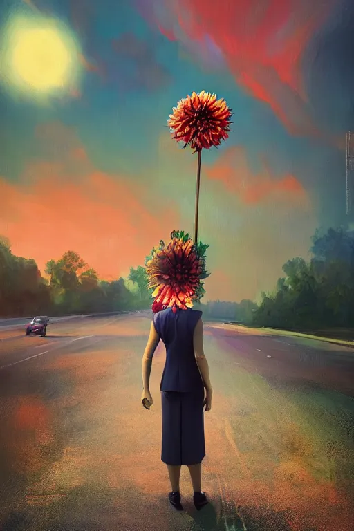 Image similar to giant dahlia flower head, frontal, girl in a suit, standing in street, surreal photography, sunrise, dramatic light, impressionist painting, digital painting, artstation, simon stalenhag