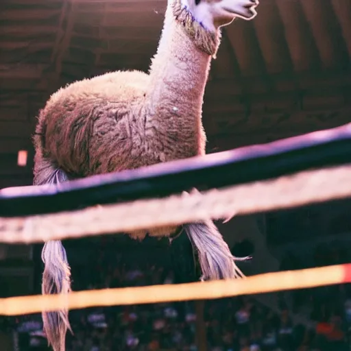 Image similar to film still of a llama in a jersey dunking a basketball like michael jordan, low angle, show from below, tilted frame, 3 5 °, dutch angle, extreme long shot, high detail, indoors, dramatic backlighting