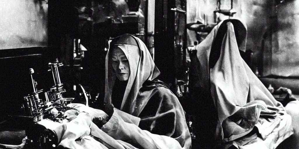 Image similar to Hildegard Von Bingen in a Wong Kar-wai film, 35mm film, step-printing