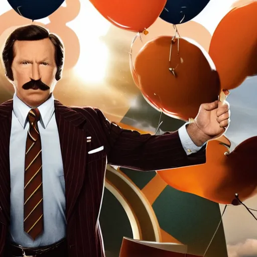 Image similar to a movie still of Alex Trebeck as Ron Burgundy in a new movie Anchorman 3