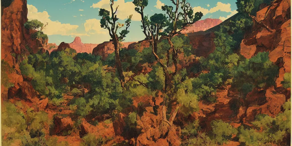 Image similar to illustration of a lush canyon landscape, (Arizona landscape), (petro poster) by Reginald Montague Lander, (By Tom Purvis), By Joseph Binder