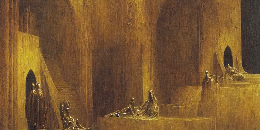 Prompt: a medieval king sitting on a golden throne led by stairs leaning on a shiny sword in a palace, light illuminating behind the throne, beksinski painting