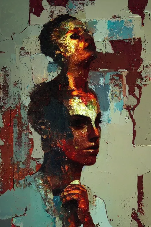Image similar to a beautiful glitched painting by robert proch of a woman in a glitched bathroom, metal rust and plaster materials, pixel sorting, color bleeding, brushstrokes by jeremy mann, still life, dark colors