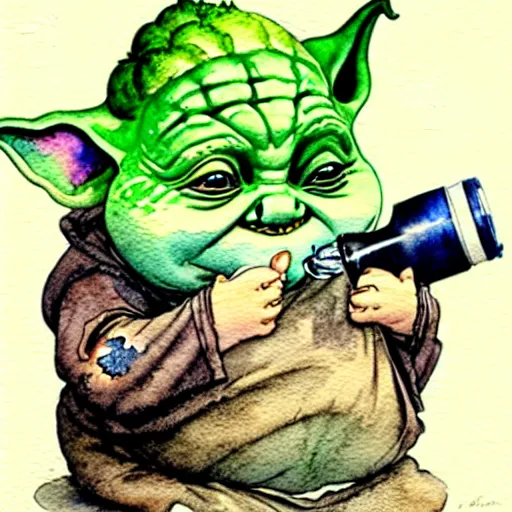 Image similar to a realistic and atmospheric watercolour fantasy character concept art portrait of a fat chibi homeless yoda drinking out of a broken bottle, by rebecca guay, michael kaluta, charles vess and jean moebius giraud