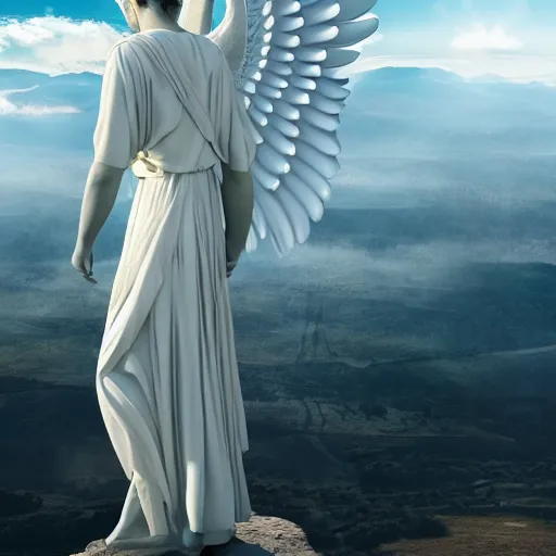 Image similar to gigantic biblical depiction of an angel towering over a vast landscape, cinematic, realistic, geometric body, photorealistic, detailed, white body, global illumination, volumetric lighting, 8 k, god rays, beautiful, majestic clouds