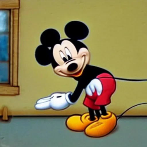 Prompt: mickey mouse getting caught stealing the butter on night vision camera