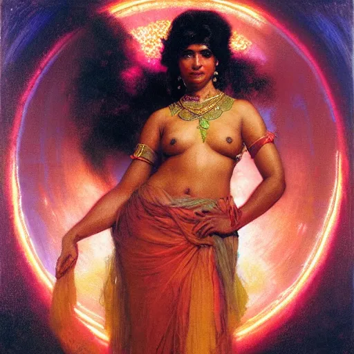 Image similar to 8 0 s srilankan woman with futurestic neon lights painting by gaston bussiere, craig mullins, j. c. leyendecker, lights, art by ernst haeckel, john william godward, hammershøi,,