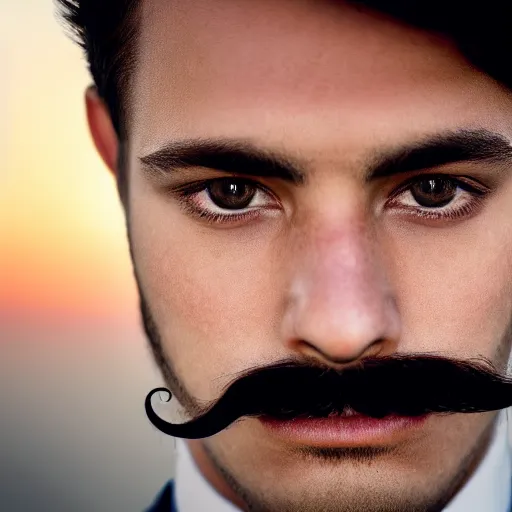 Prompt: realistic closeup of a young gentlemen's face with a mustache, 4K, beautiful, sunset