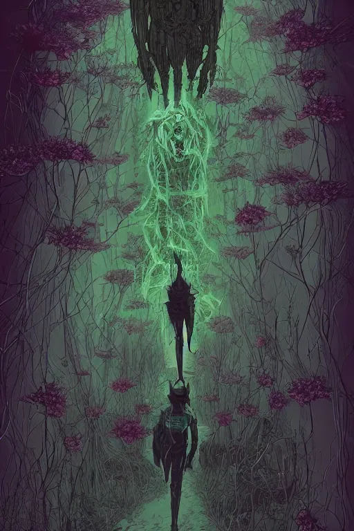 Image similar to spectral drifter, dark fantasy, flowers, pathway by josan gonzalez, black and green color scheme , horror, death, gore, guts, cgsociety