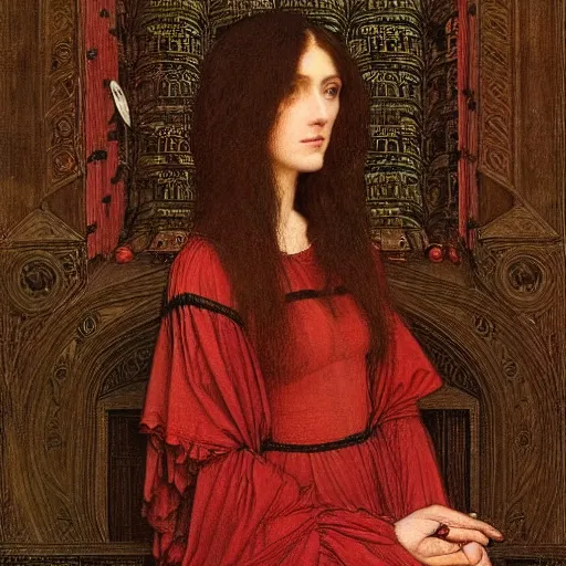 Prompt: Symmetric Pre-Raphaelite painting of a beautiful mystic woman with dark hair in a very detailed silk dark red dress by John William Waterhouse, zoomed out, surrounded by a dark gothic frame of highly detailed mathematical drawings of neural networks and geometry by Doré , highly detailed mathematical drawings of geometry by Giger