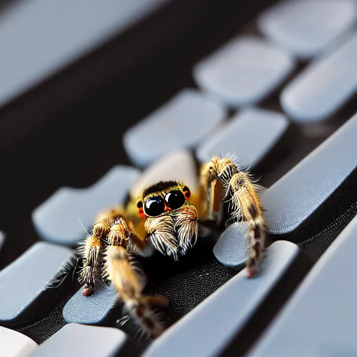 Prompt: a jumping spider using computer small keyboard, by pixar, macro lens, iridescent, montage