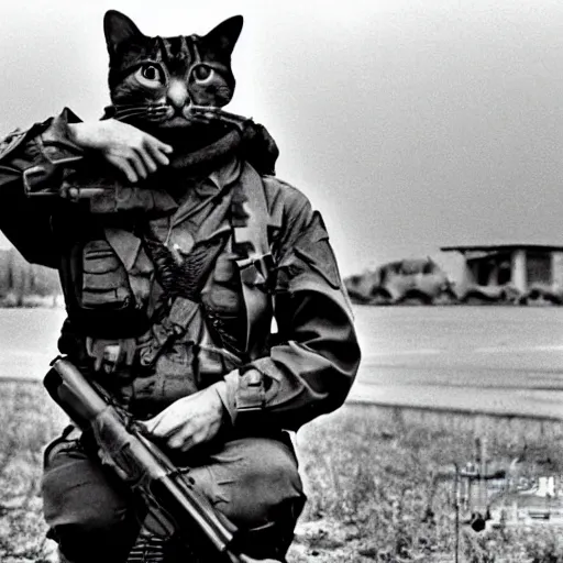 Image similar to an american soldier as a cat in military gear, vietnam, 1 9 7 0 restored photograph
