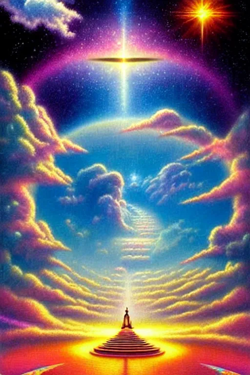 Prompt: a photorealistic detailed cinematic image of a beautiful vibrant iridescent future for human evolution, blissful dream, spiritual science, divinity, utopian, beautiful beings, memories of life, enlightenment, cumulus clouds, ornate spiral stairs, isometric, by pinterest, david a. hardy, kinkade, lisa frank, wpa, public works mural, socialist