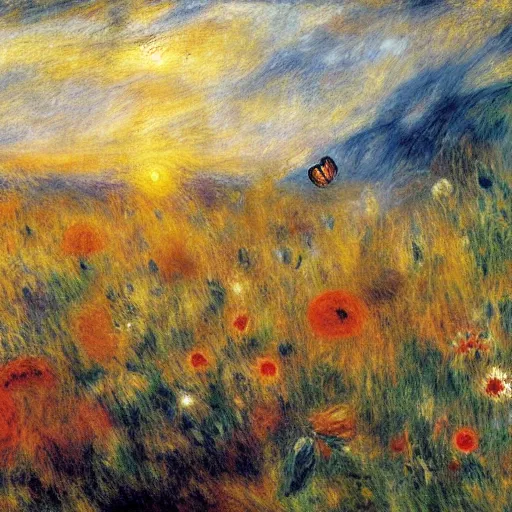 Prompt: in the golden hour of morning butterflies fly joyfully, viewed from third person at a distance by auguste renoir