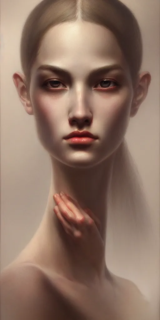 Prompt: very very beautiful portrait photo of chthonic AI face, Perfect face, extremely high details, realistic, by Edward Hopper, Tom Bagshaw , Rene Margitte