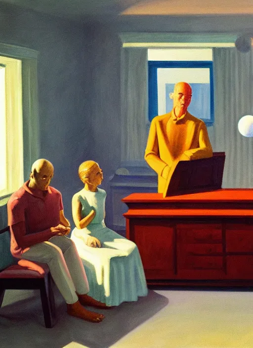 Image similar to painting of a family building getting lectured by a very large alien in their suburban living room, energetic orbs in the air, in the style of edward hopper