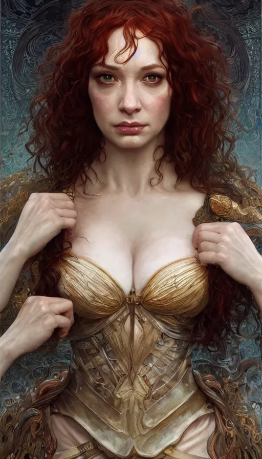 Image similar to christina hendricks, lord of the rings, sweaty insane, intricate, highly detailed, digital painting, artstation, concept art, smooth, sharp focus, illustration, unreal engine 5, 8 k, art by artgerm and greg rutkowski and alphonse mucha