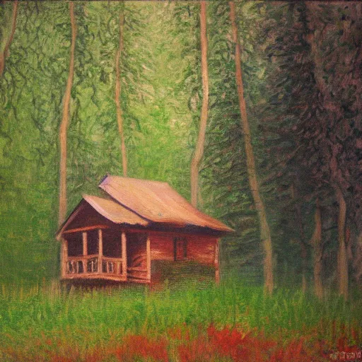 Image similar to a painting of a Eerie cabin in the middle of the woods in the style of Monet