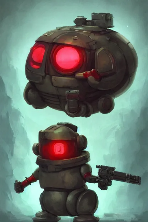 Image similar to cute fat robot with a electric machine gun, tiny, small, miniature , short, red lights, screen face, angry and adorable, fatty, DnD character art portrait, matte fantasy painting, DeviantArt Artstation, by Jason Felix by Steve Argyle by Tyler Jacobson by Peter Mohrbacher, cinematic lighting